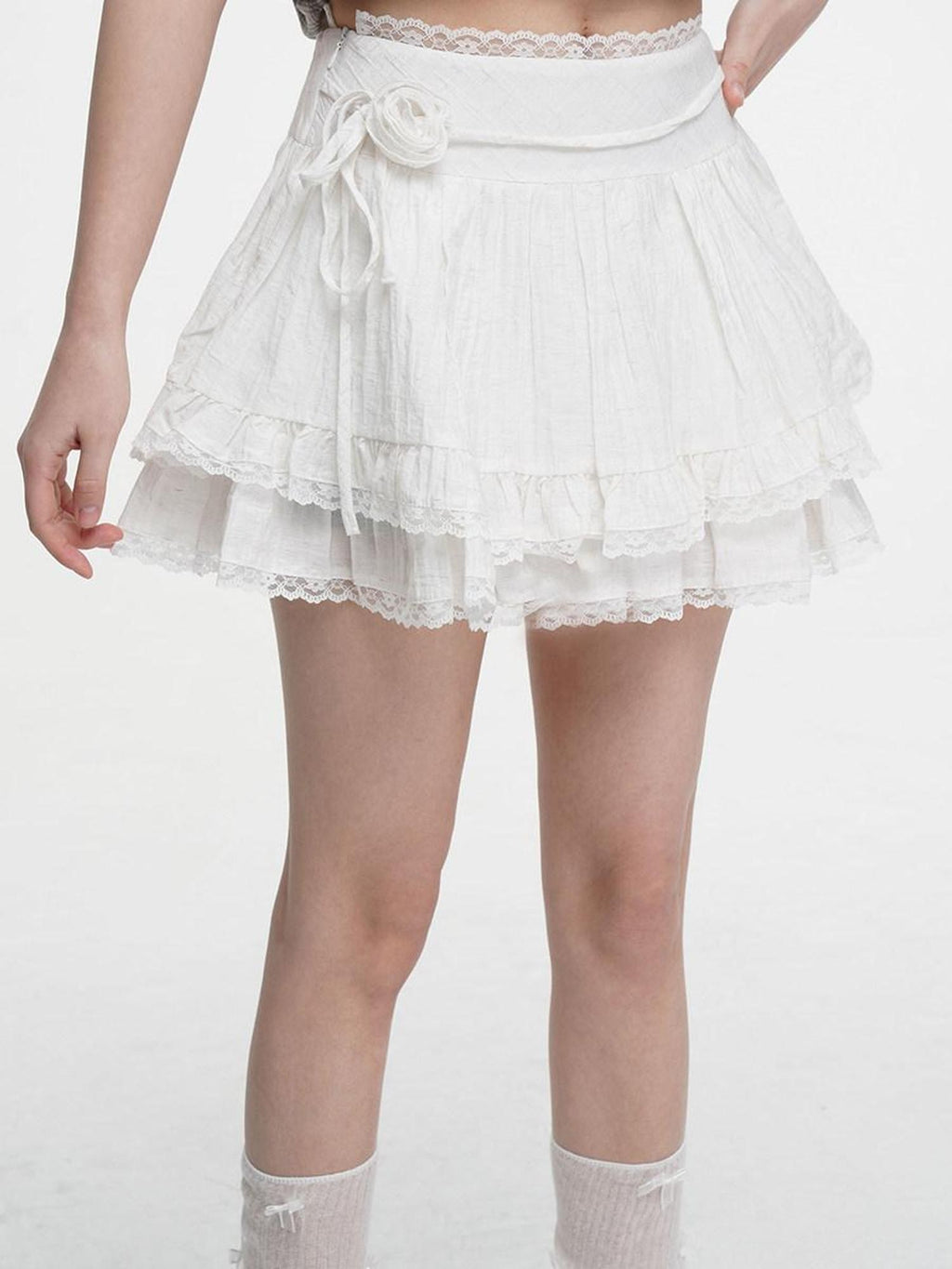 VEEMIX Ivory Lace Trim A Line Bow Floral Pleated Women's Cotton Blend Mini Skirts