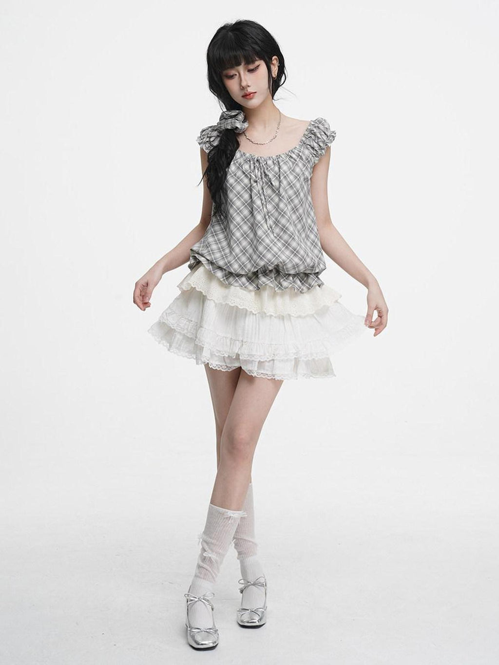 VEEMIX Ivory Lace Trim A Line Bow Floral Pleated Women's Cotton Blend Mini Skirts