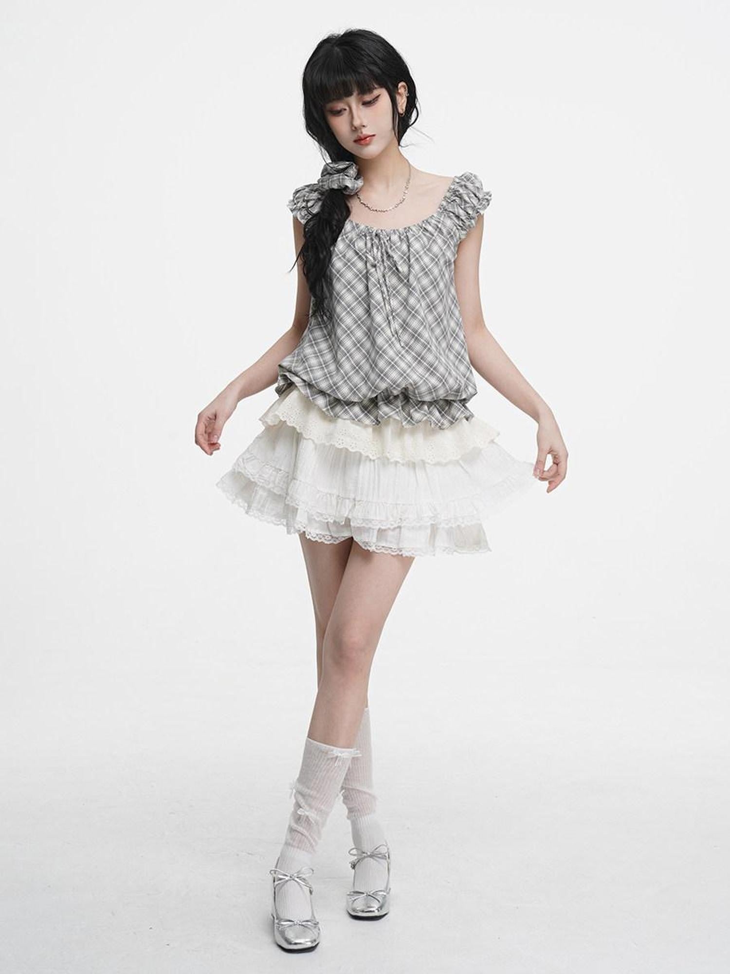 VEEMIX Ivory Lace Trim A Line Bow Floral Pleated Women's Cotton Blend Mini Skirts