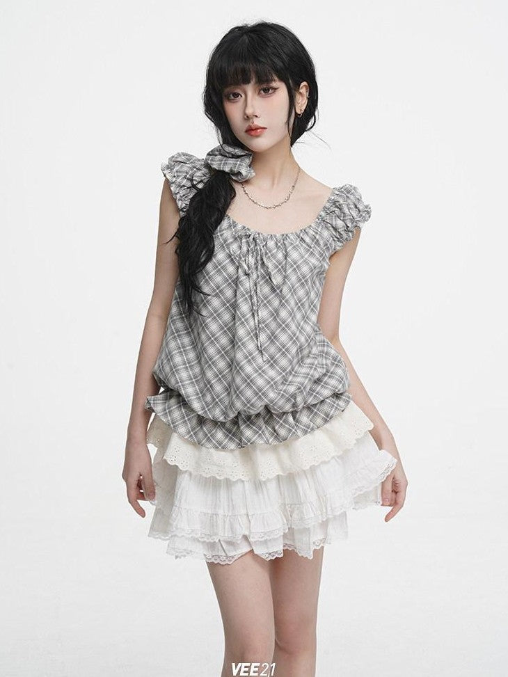 VEEMIX Ivory Lace Trim A Line Bow Floral Pleated Women's Cotton Blend Mini Skirts