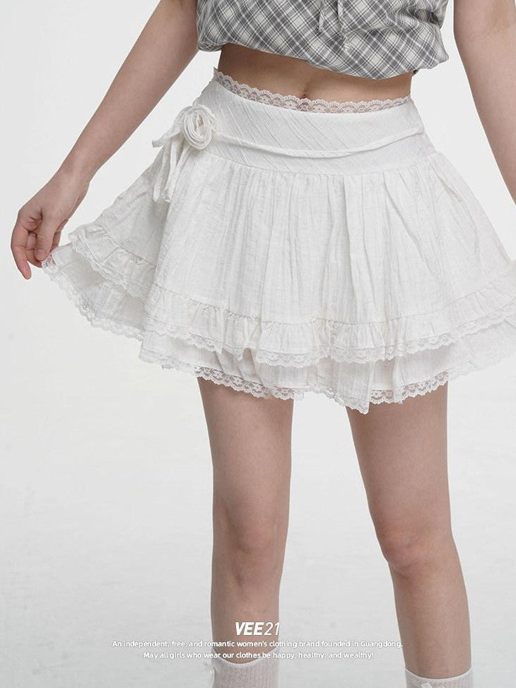 VEEMIX Ivory Lace Trim A Line Bow Floral Pleated Women's Cotton Blend Mini Skirts