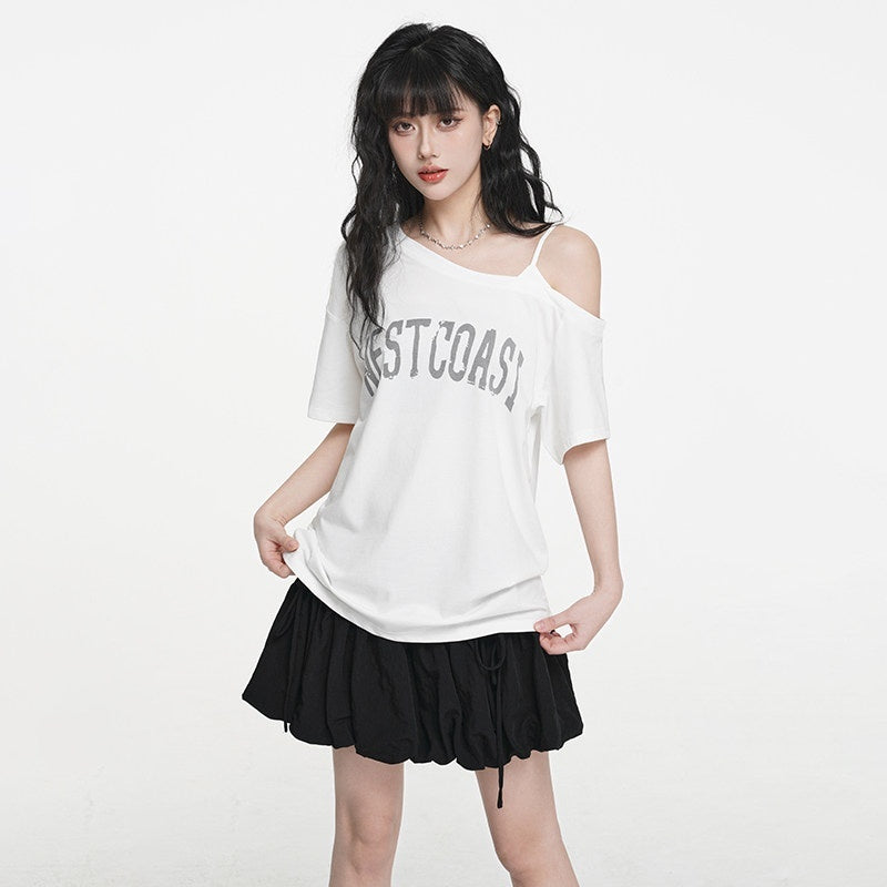 VEEMIX_Ivory_Letter_Print_Asymmetric_Slanted_Neck_Women's_Cotton_Off-shoulder_T-shirts_1021792068488_MISSTT