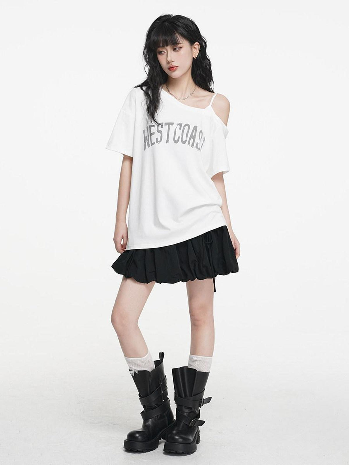 VEEMIX Ivory Letter Print Asymmetric Slanted Neck Women's Cotton Off-shoulder T-shirts