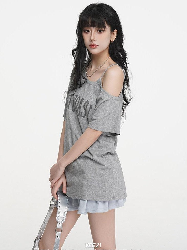 VEEMIX Ivory Letter Print Asymmetric Slanted Neck Women's Cotton Off-shoulder T-shirts
