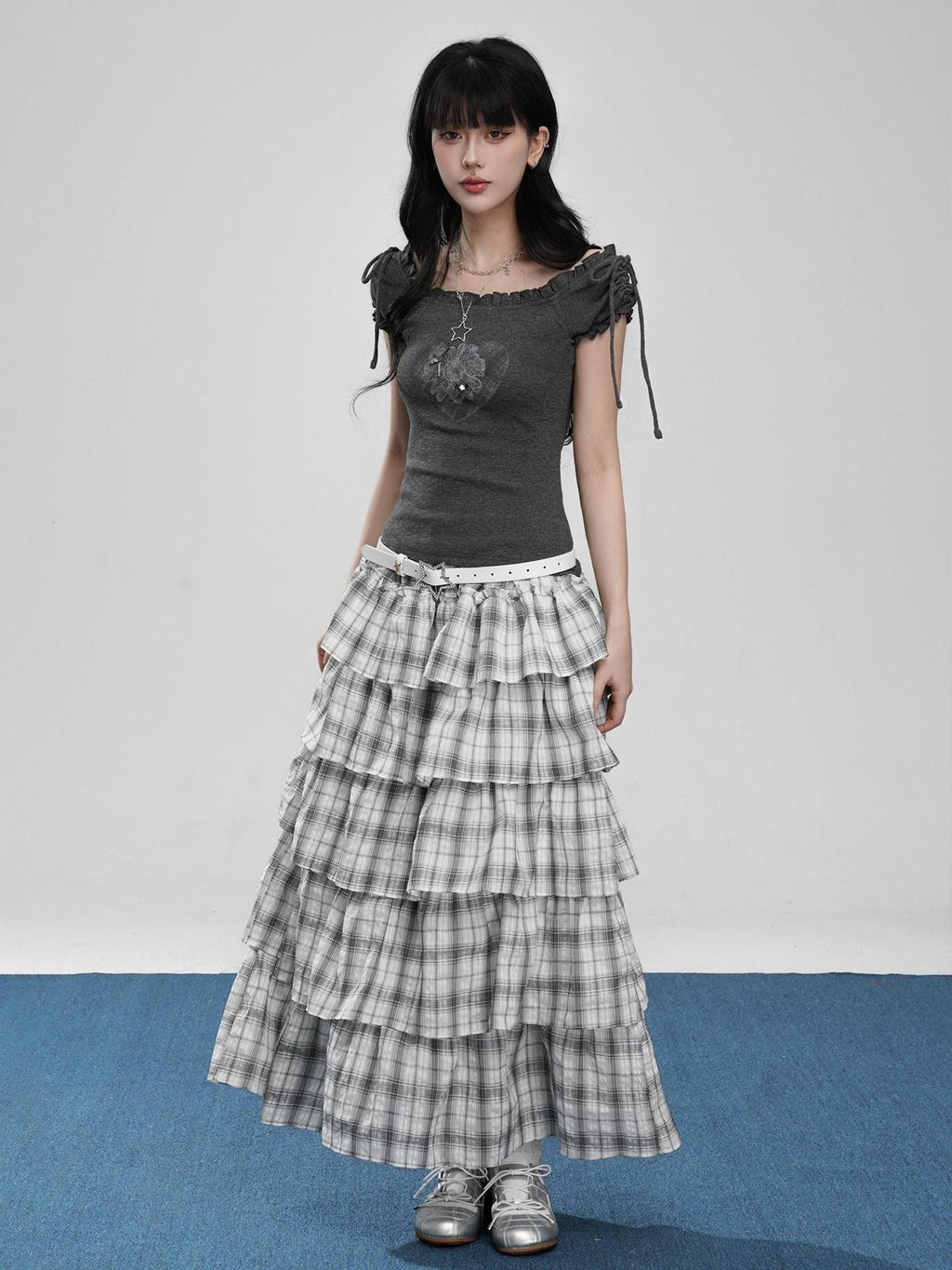 VEEMIX Ivory Plaid Ruffled Pleated Low Waist A Line Women's Cotton Blend Tiered Skirts