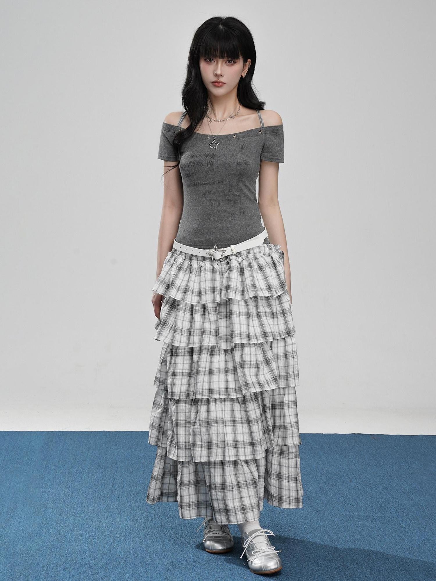 VEEMIX Ivory Plaid Ruffled Pleated Low Waist A Line Women's Cotton Blend Tiered Skirts