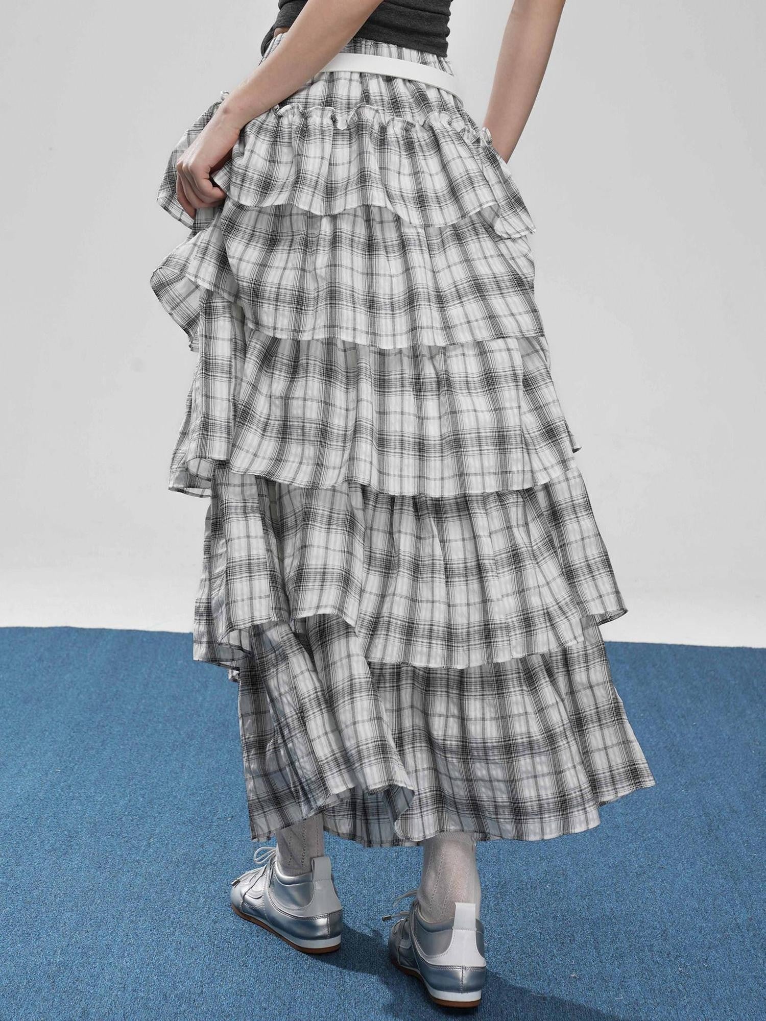 VEEMIX Ivory Plaid Ruffled Pleated Low Waist A Line Women's Cotton Blend Tiered Skirts