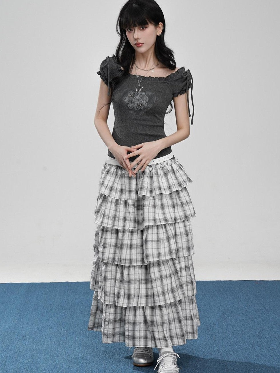 VEEMIX Ivory Plaid Ruffled Pleated Low Waist A Line Women's Cotton Blend Tiered Skirts