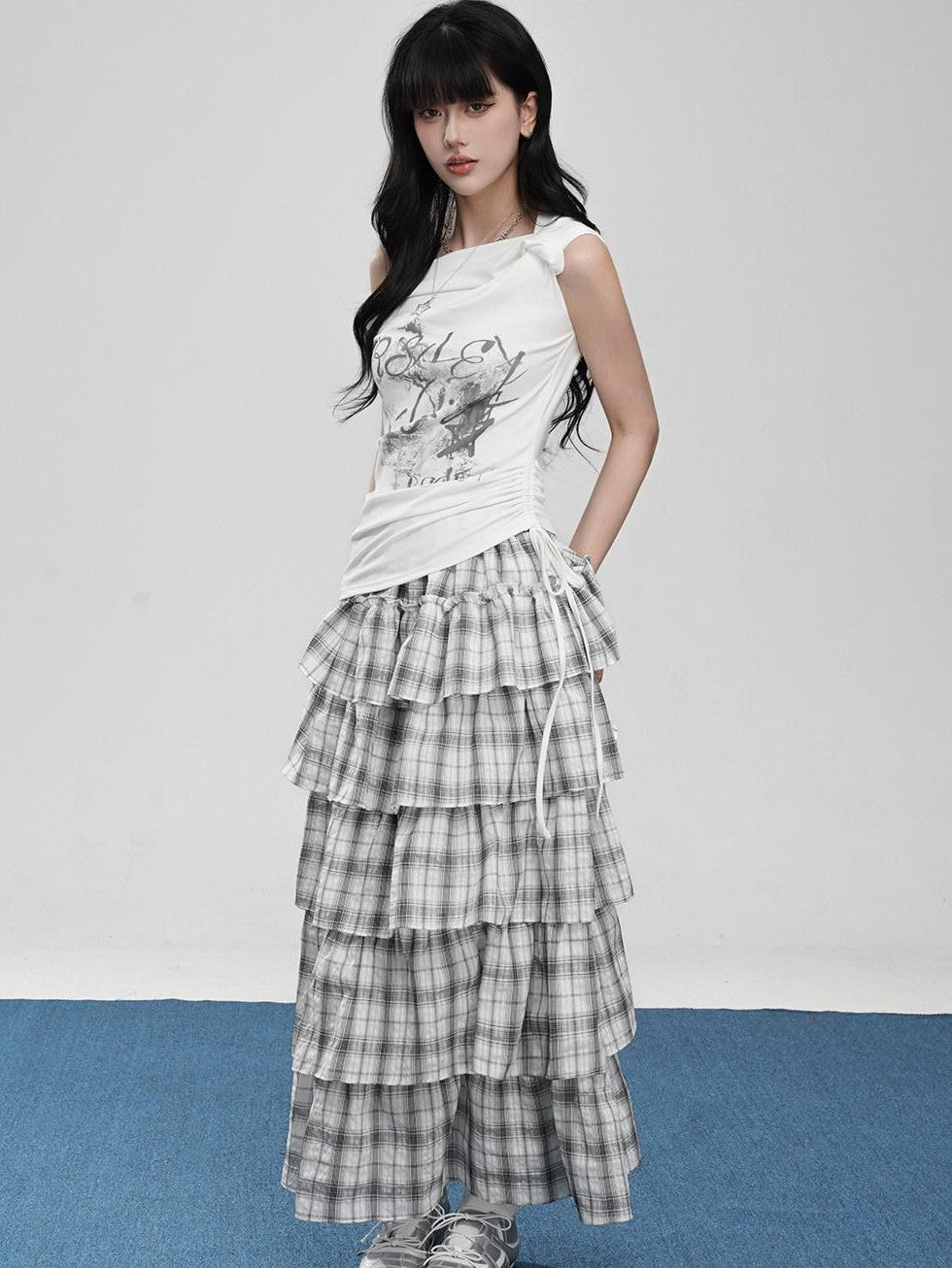 VEEMIX Ivory Plaid Ruffled Pleated Low Waist A Line Women's Cotton Blend Tiered Skirts