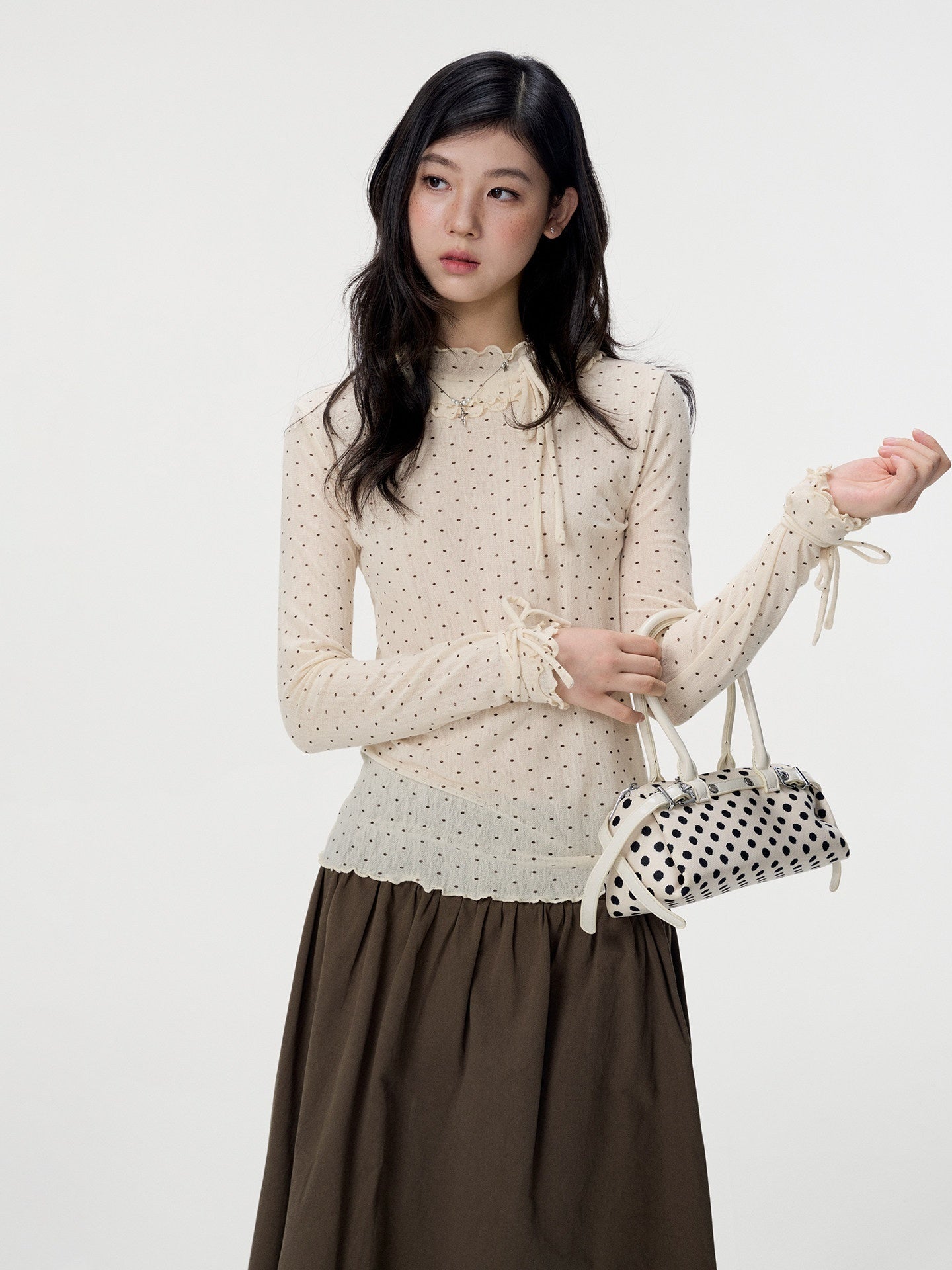 VEEMIX_Ivory_Polka_Dot_Lace_Trim_Women's_Viscose_Blend_Long_Sleeve_T-shirts_1072267706833_MISSTT