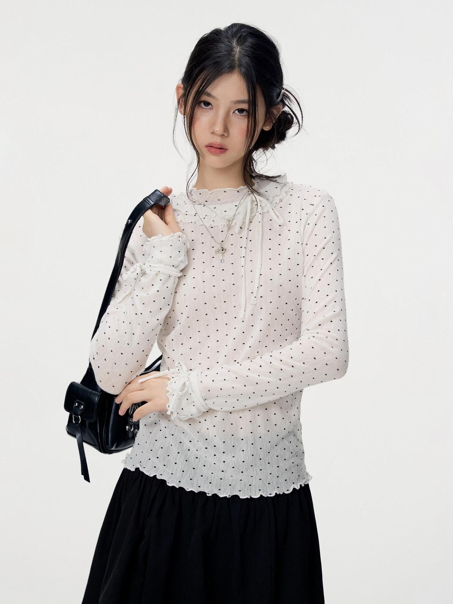 VEEMIX Ivory Polka Dot Lace Trim Women's Viscose Blend Long Sleeve T-shirts