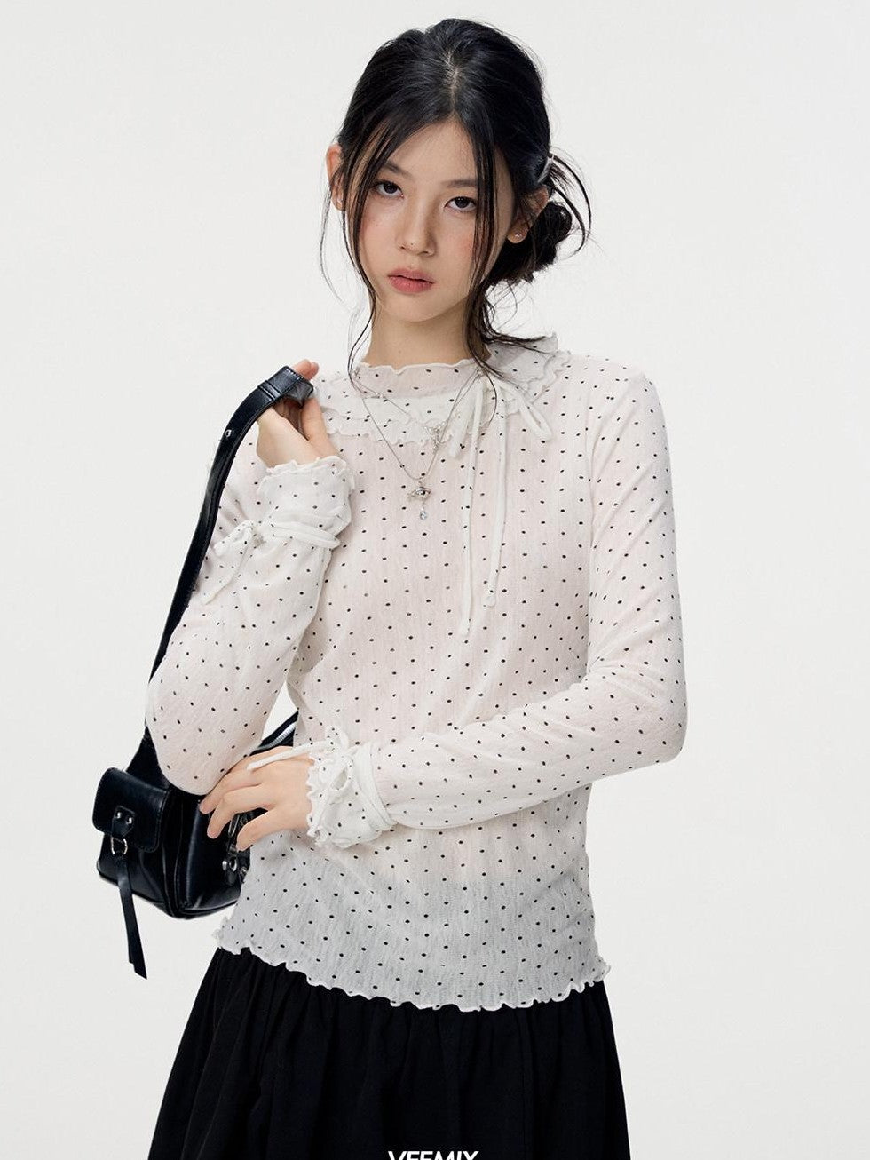 VEEMIX Ivory Polka Dot Lace Trim Women's Viscose Blend Long Sleeve T-shirts
