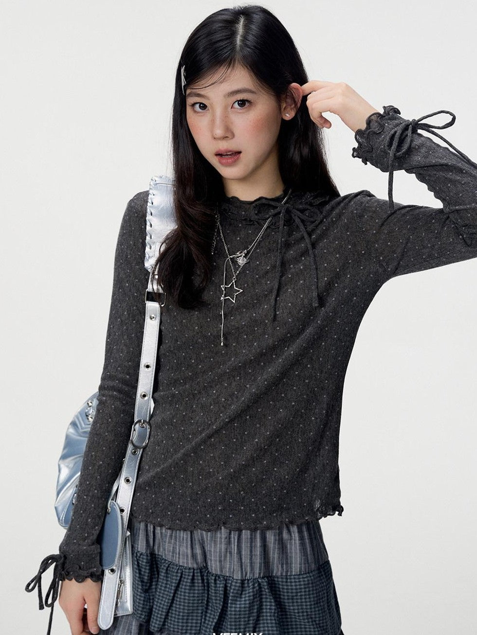 VEEMIX Ivory Polka Dot Lace Trim Women's Viscose Blend Long Sleeve T-shirts