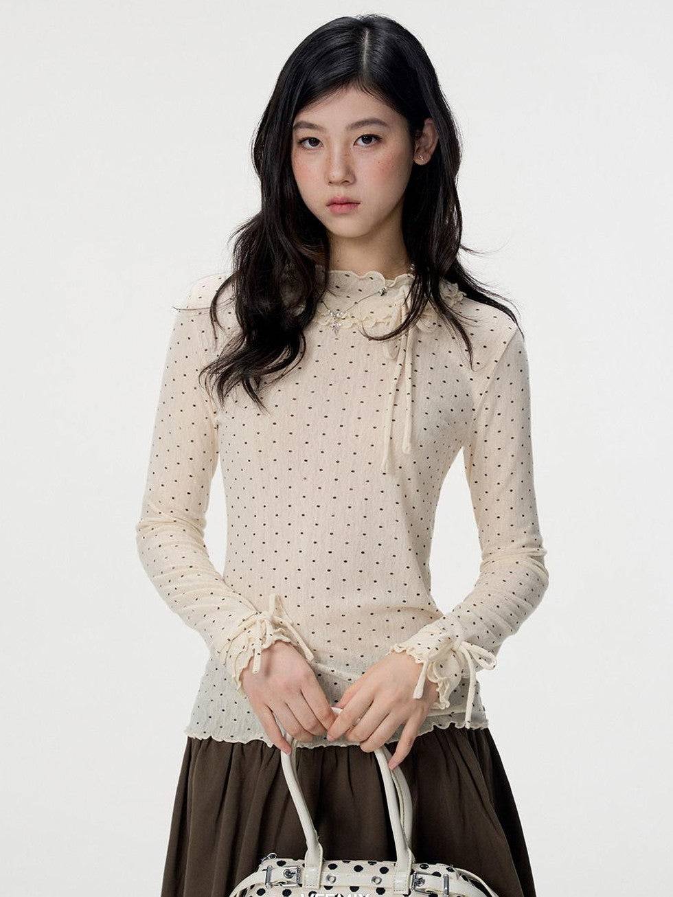 VEEMIX Ivory Polka Dot Lace Trim Women's Viscose Blend Long Sleeve T-shirts