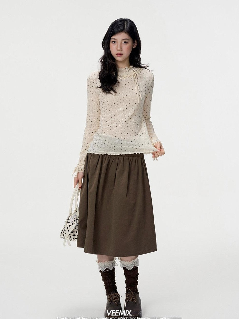 VEEMIX Ivory Polka Dot Lace Trim Women's Viscose Blend Long Sleeve T-shirts