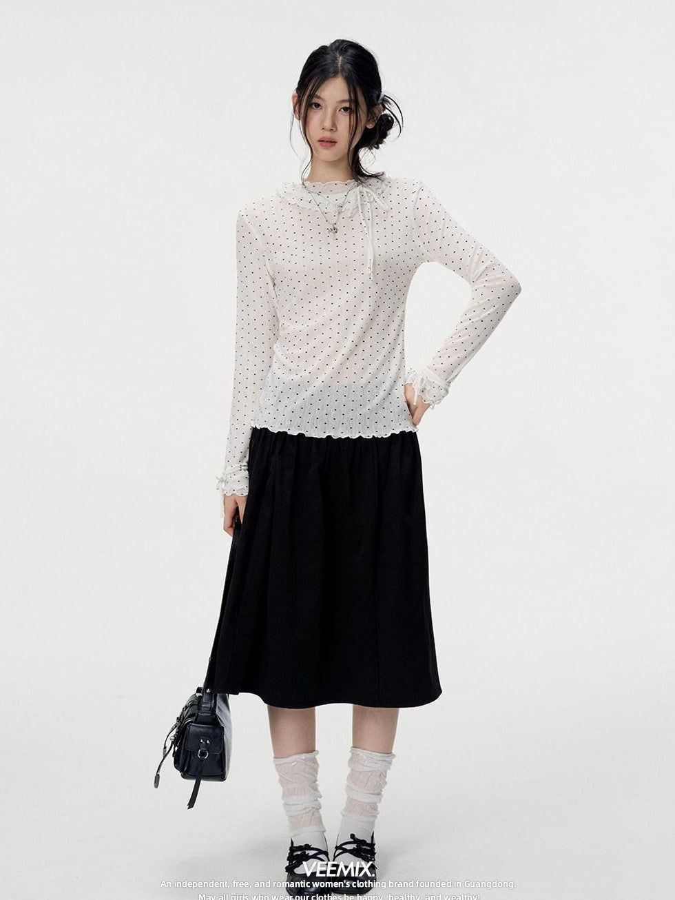 VEEMIX Ivory Polka Dot Lace Trim Women's Viscose Blend Long Sleeve T-shirts