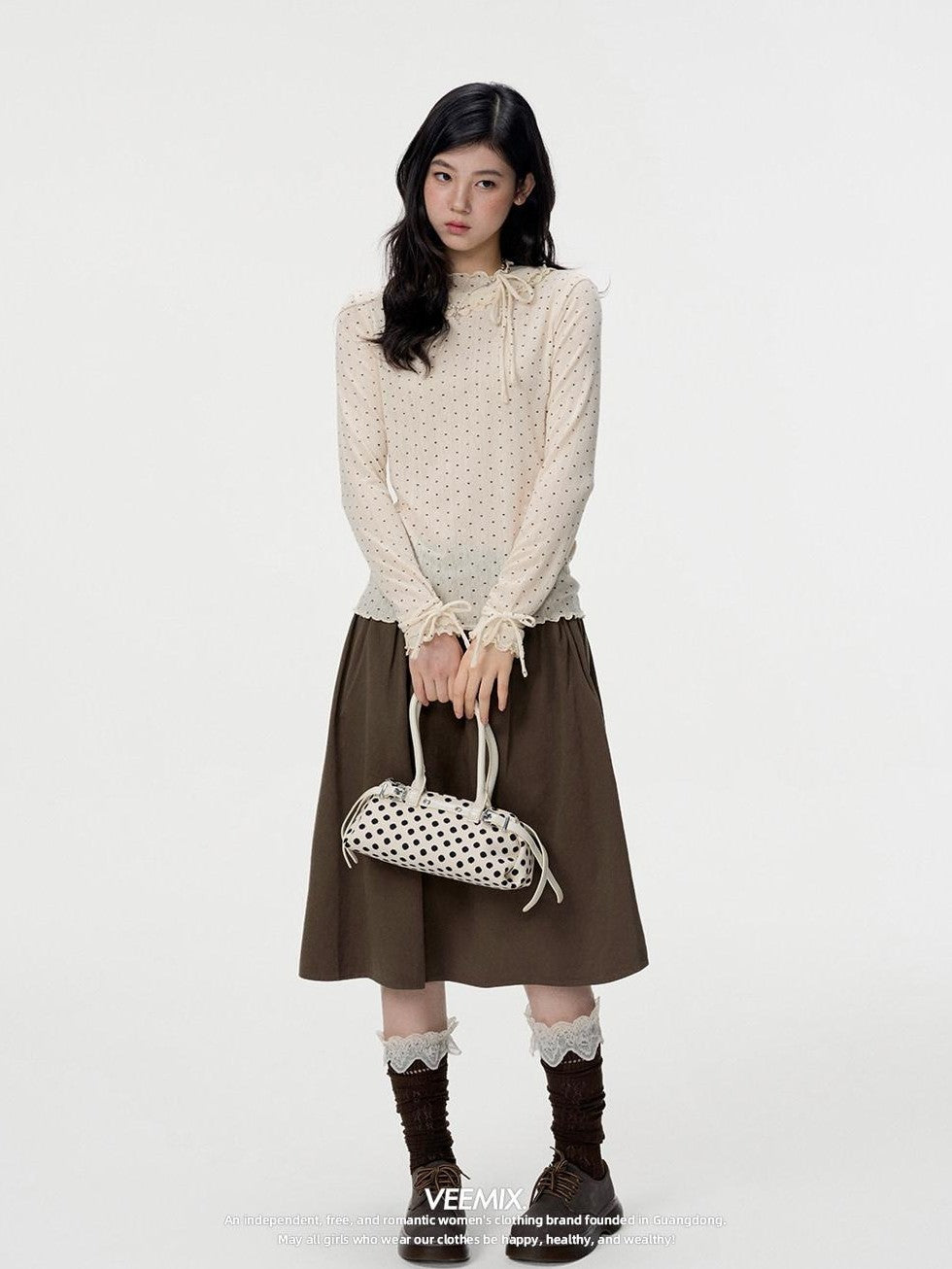 VEEMIX Ivory Polka Dot Lace Trim Women's Viscose Blend Long Sleeve T-shirts