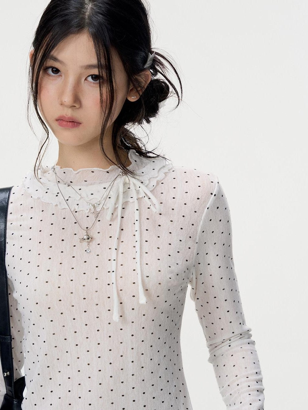 VEEMIX Ivory Polka Dot Lace Trim Women's Viscose Blend Long Sleeve T-shirts