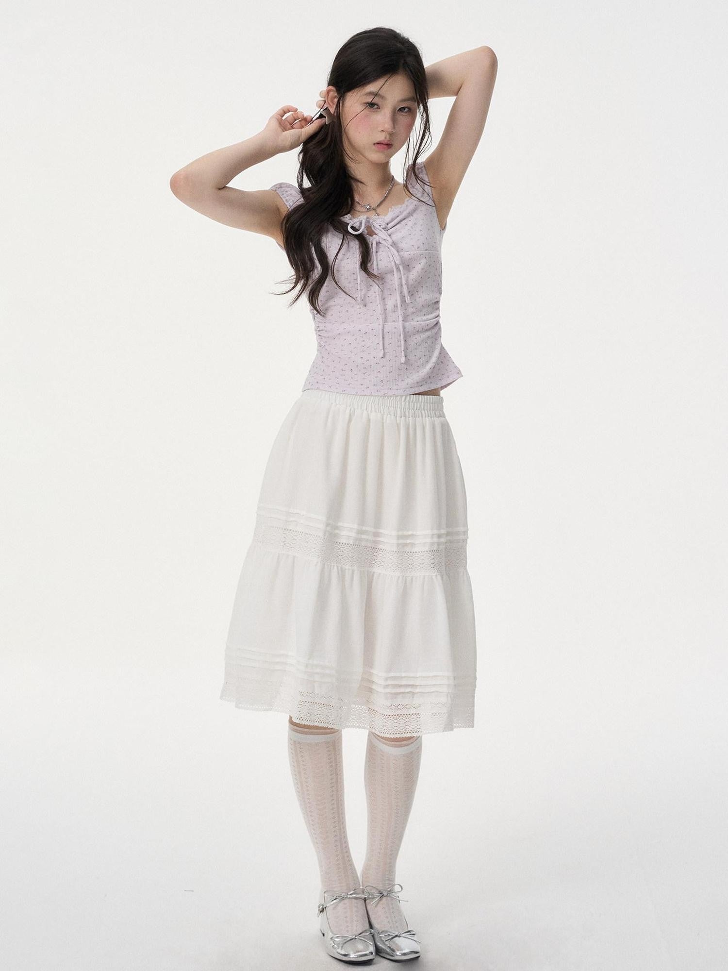VEEMIX Ivory Puff Sleeve Floral Drawstring Cropped Women's Short Sleeve T-shirts