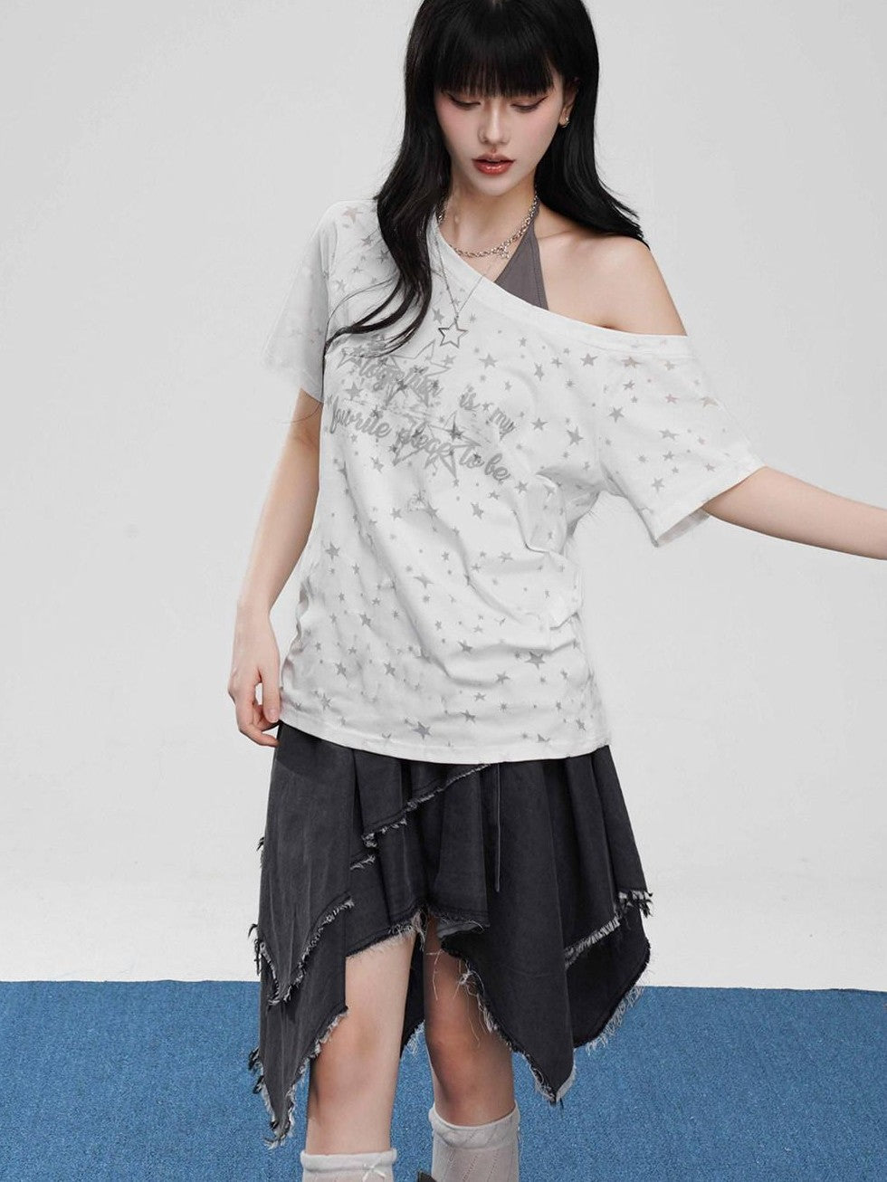 VEEMIX Ivory Star Print Asymmetric Cutout Women's Cotton Off-shoulder T-shirts