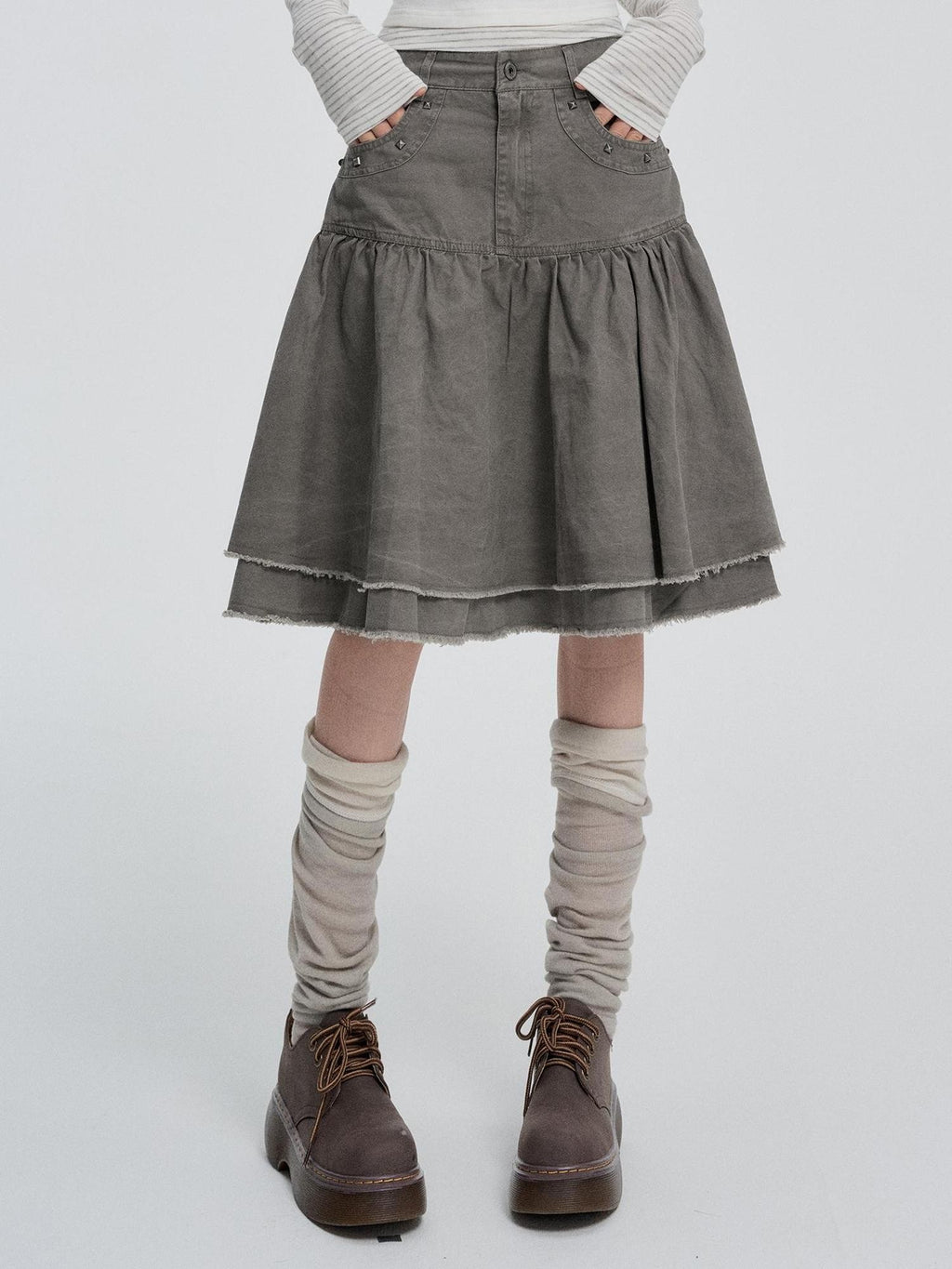 VEEMIX Japanese Style Beaded High Waist Pleated A Line Cotton Women's Midi Skirts
