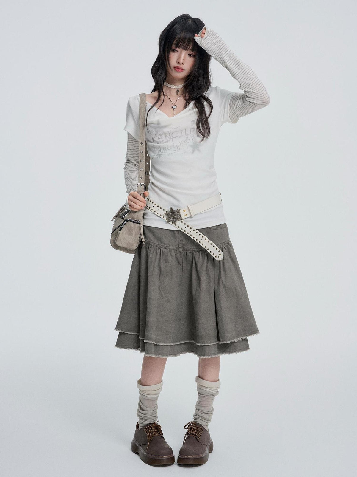 VEEMIX Japanese Style Beaded High Waist Pleated A Line Cotton Women's Midi Skirts