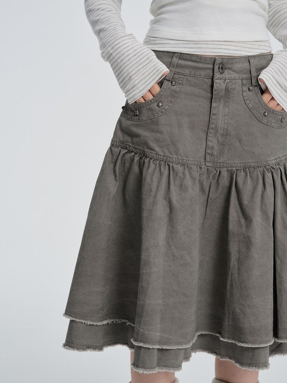 VEEMIX Japanese Style Beaded High Waist Pleated A Line Cotton Women's Midi Skirts