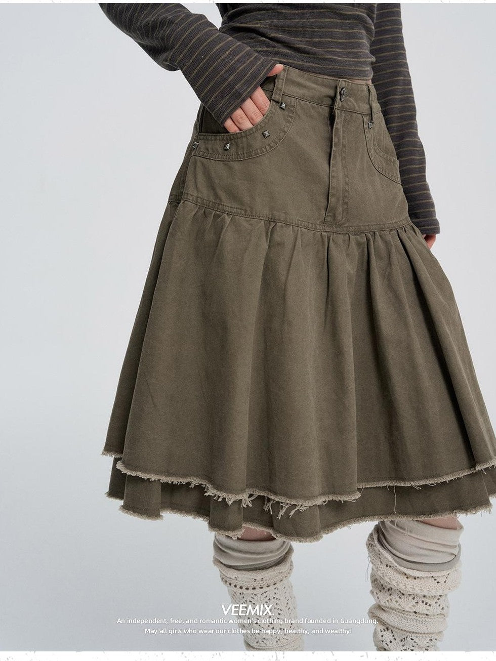 VEEMIX Japanese Style Beaded High Waist Pleated A Line Cotton Women's Midi Skirts
