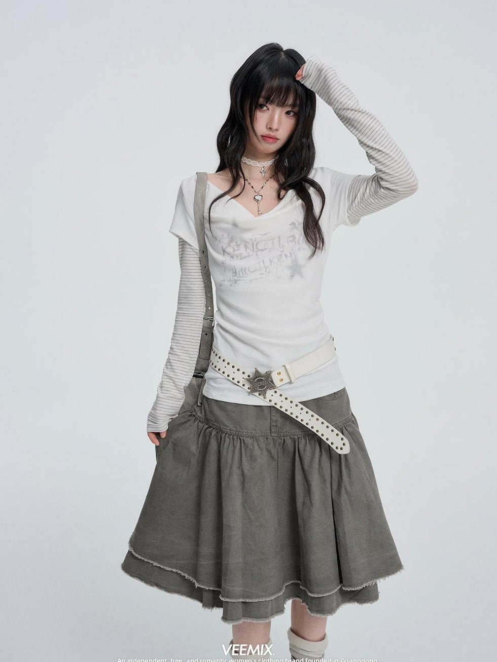 VEEMIX Japanese Style Beaded High Waist Pleated A Line Cotton Women's Midi Skirts