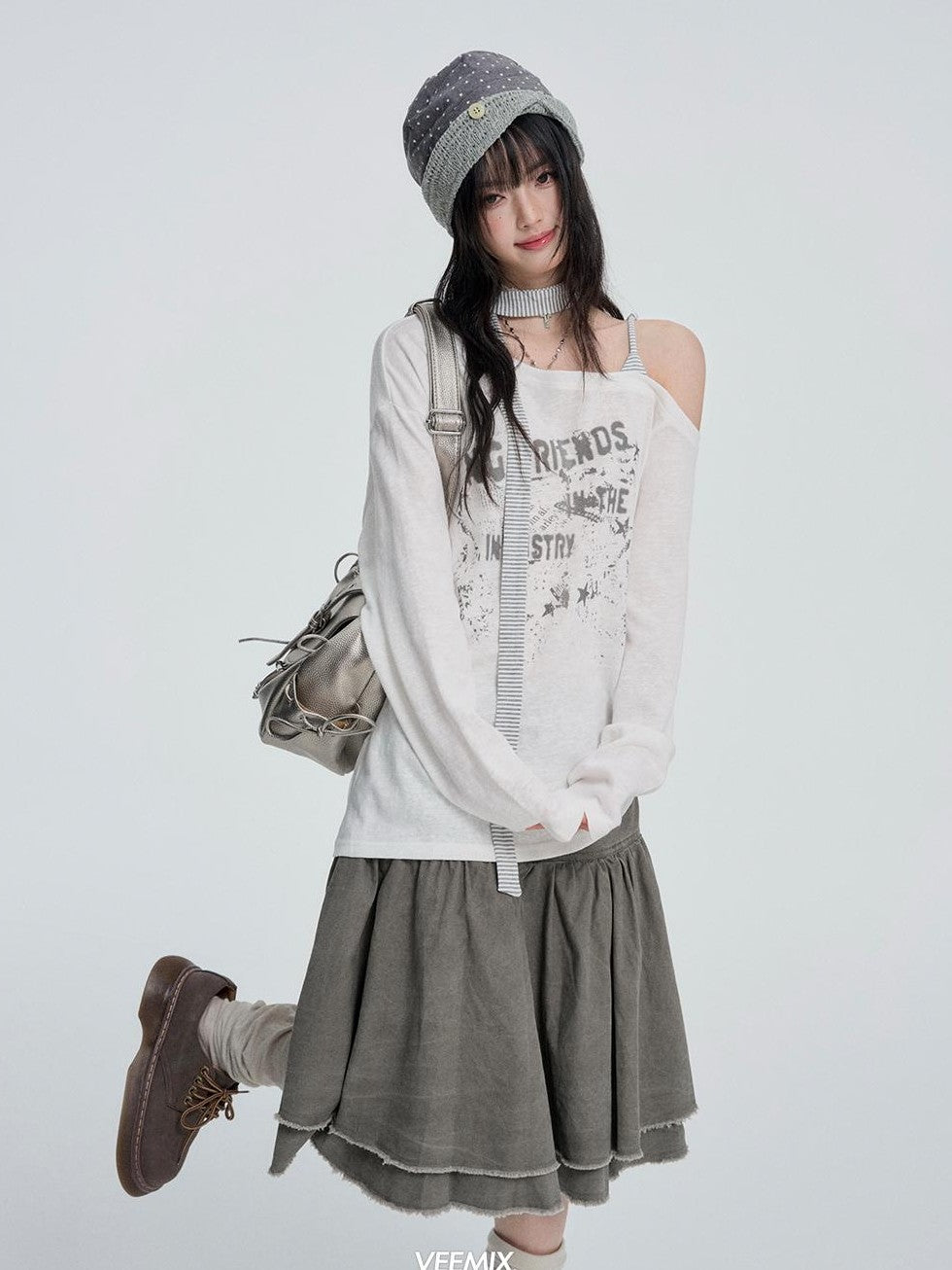 VEEMIX Japanese Style Beaded High Waist Pleated A Line Cotton Women's Midi Skirts