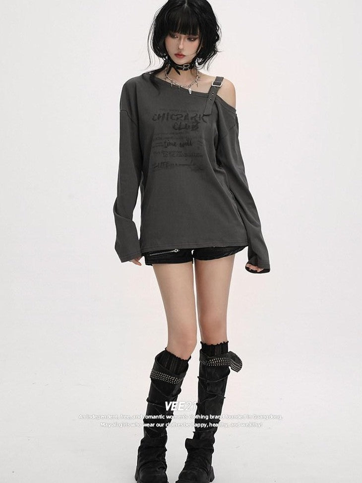 VEEMIX Khaki Letter Print Asymmetric One Shoulder Women's Long Sleeve T-shirts