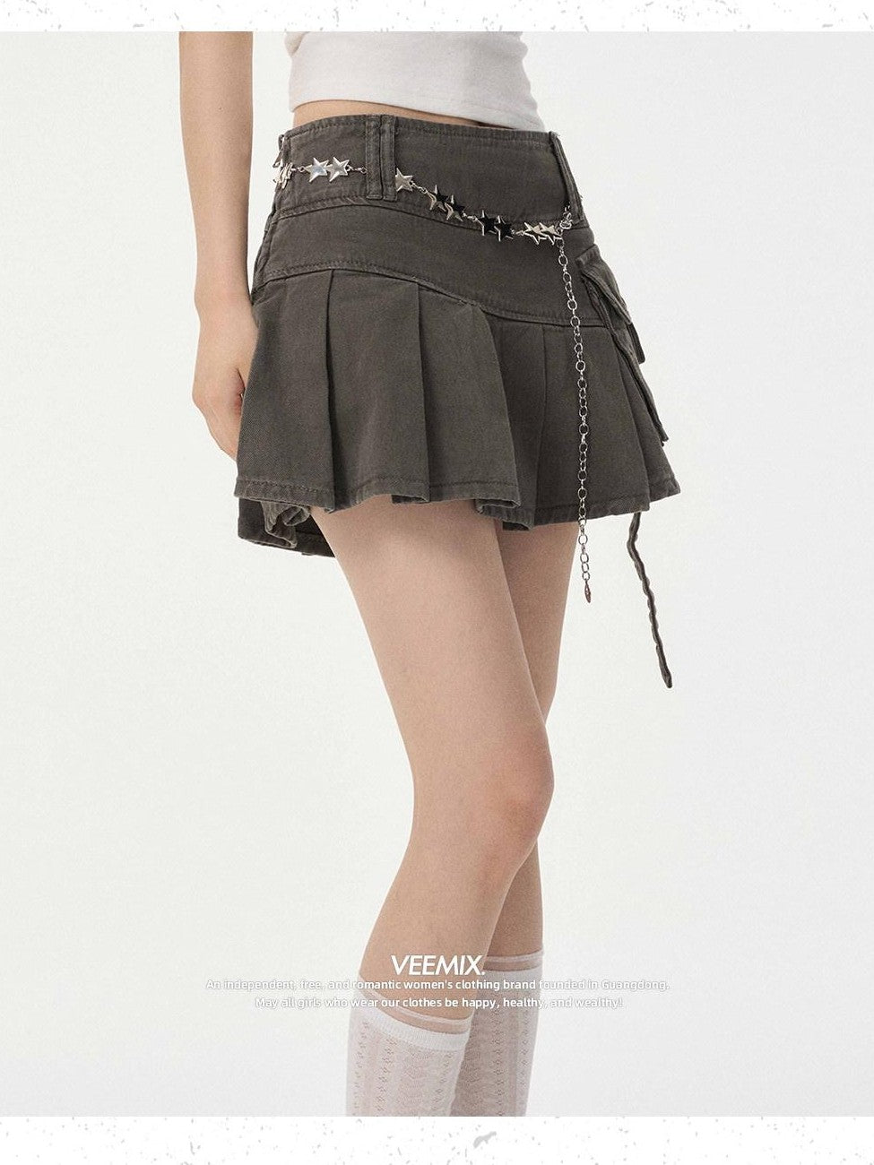 VEEMIX Khaki Pocket A Line Low Waist Pressed Pleats Women's Cotton Denim Pleated Skirts