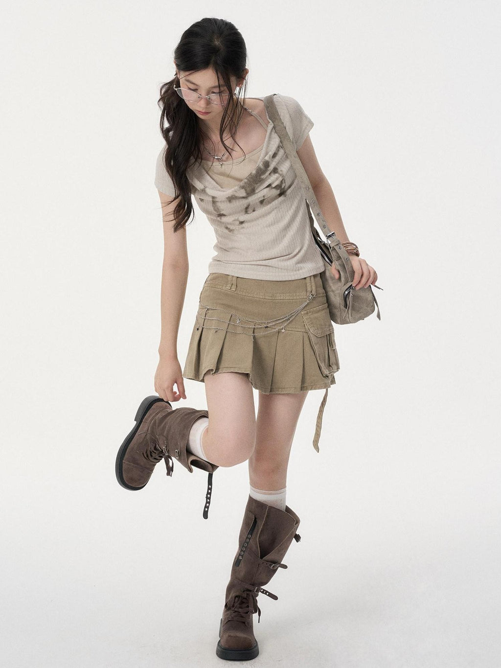 VEEMIX Khaki Pocket A Line Low Waist Pressed Pleats Women's Cotton Denim Pleated Skirts