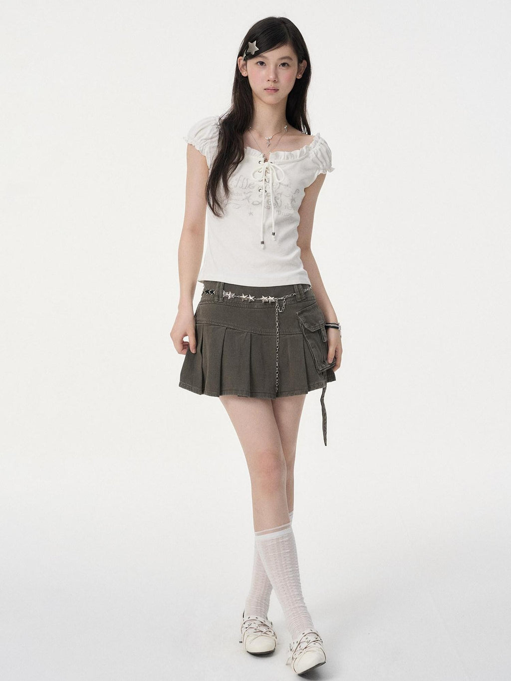 VEEMIX Khaki Pocket A Line Low Waist Pressed Pleats Women's Cotton Denim Pleated Skirts