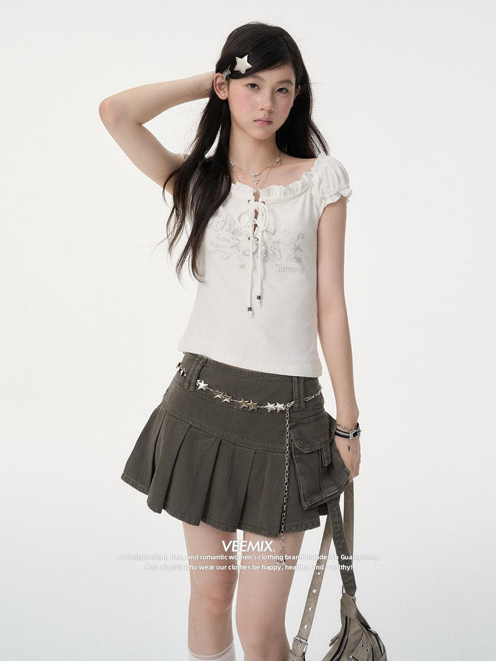VEEMIX Khaki Pocket A Line Low Waist Pressed Pleats Women's Cotton Denim Pleated Skirts