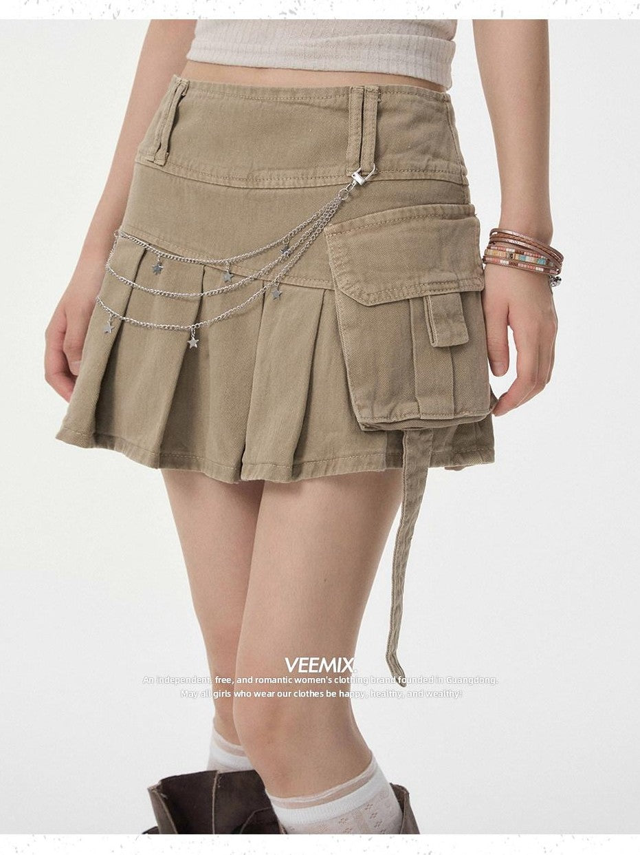 VEEMIX Khaki Pocket A Line Low Waist Pressed Pleats Women's Cotton Denim Pleated Skirts
