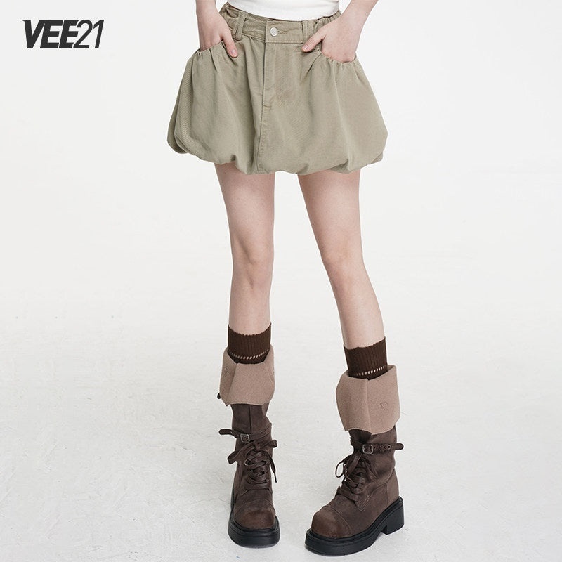 VEEMIX_Khaki_Puffed_Tulip_Denim_A_Line_High_Waist_Pockets_Women's_Mini_Skirts_1027150503479_MISSTT