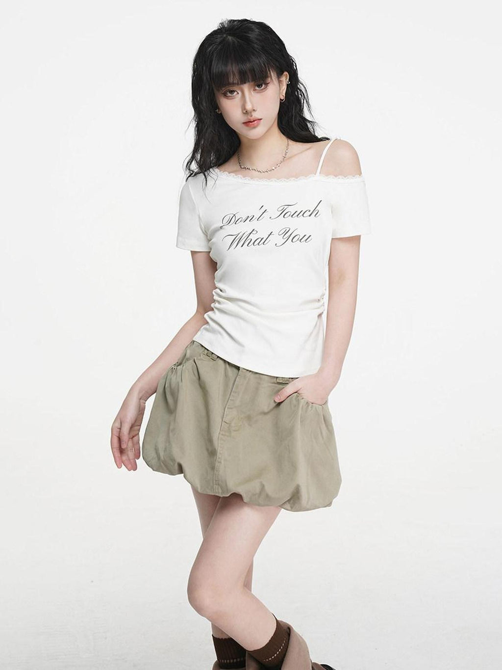 VEEMIX Khaki Puffed Tulip Denim A Line High Waist Pockets Women's Mini Skirts