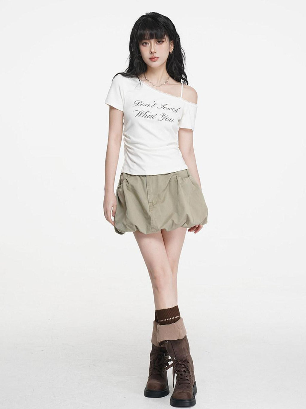VEEMIX Khaki Puffed Tulip Denim A Line High Waist Pockets Women's Mini Skirts