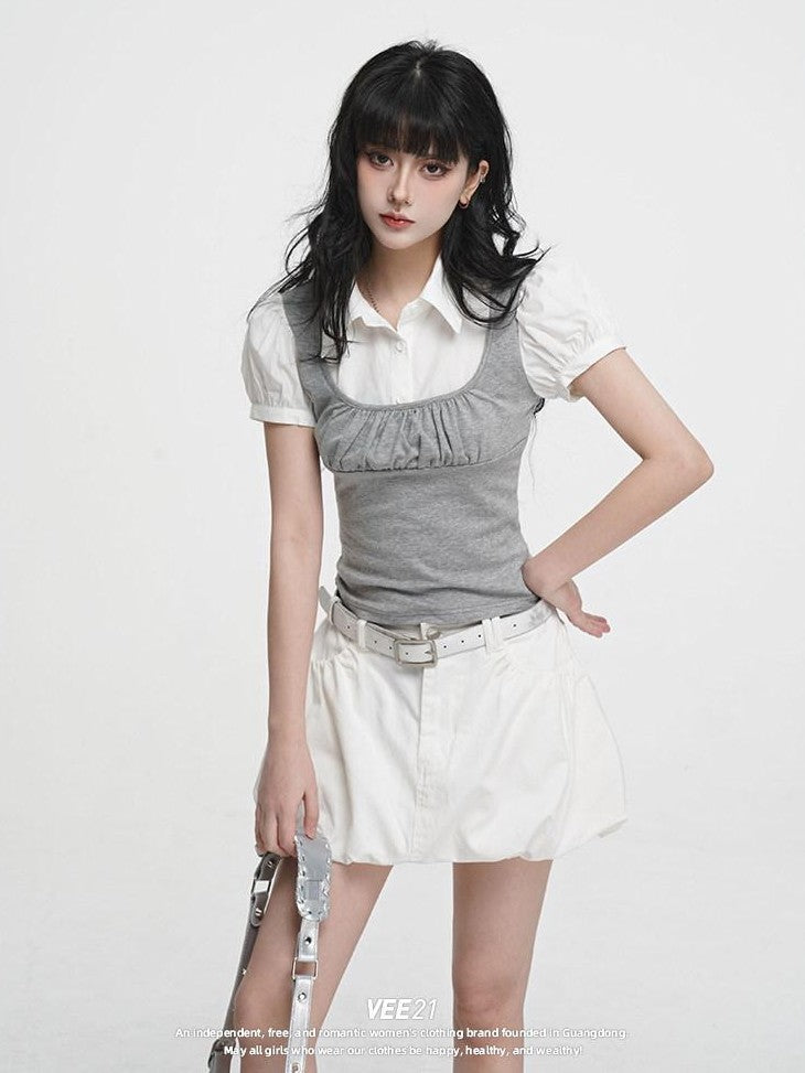 VEEMIX Khaki Puffed Tulip Denim A Line High Waist Pockets Women's Mini Skirts