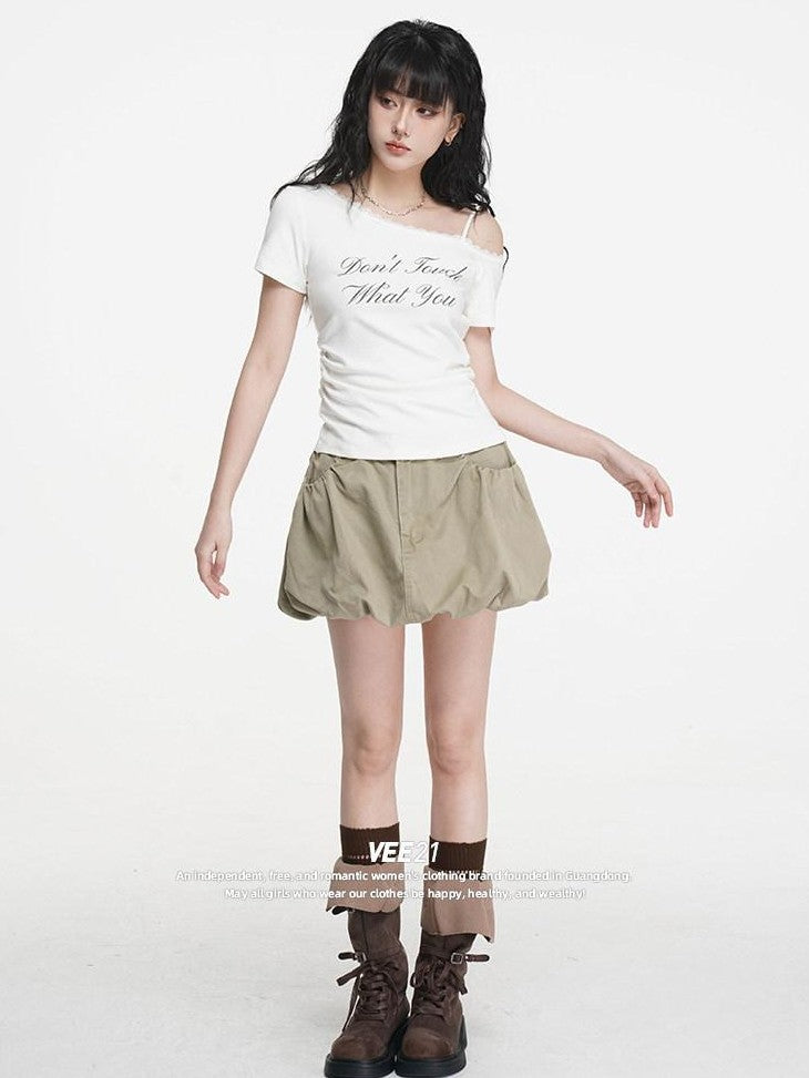 VEEMIX Khaki Puffed Tulip Denim A Line High Waist Pockets Women's Mini Skirts