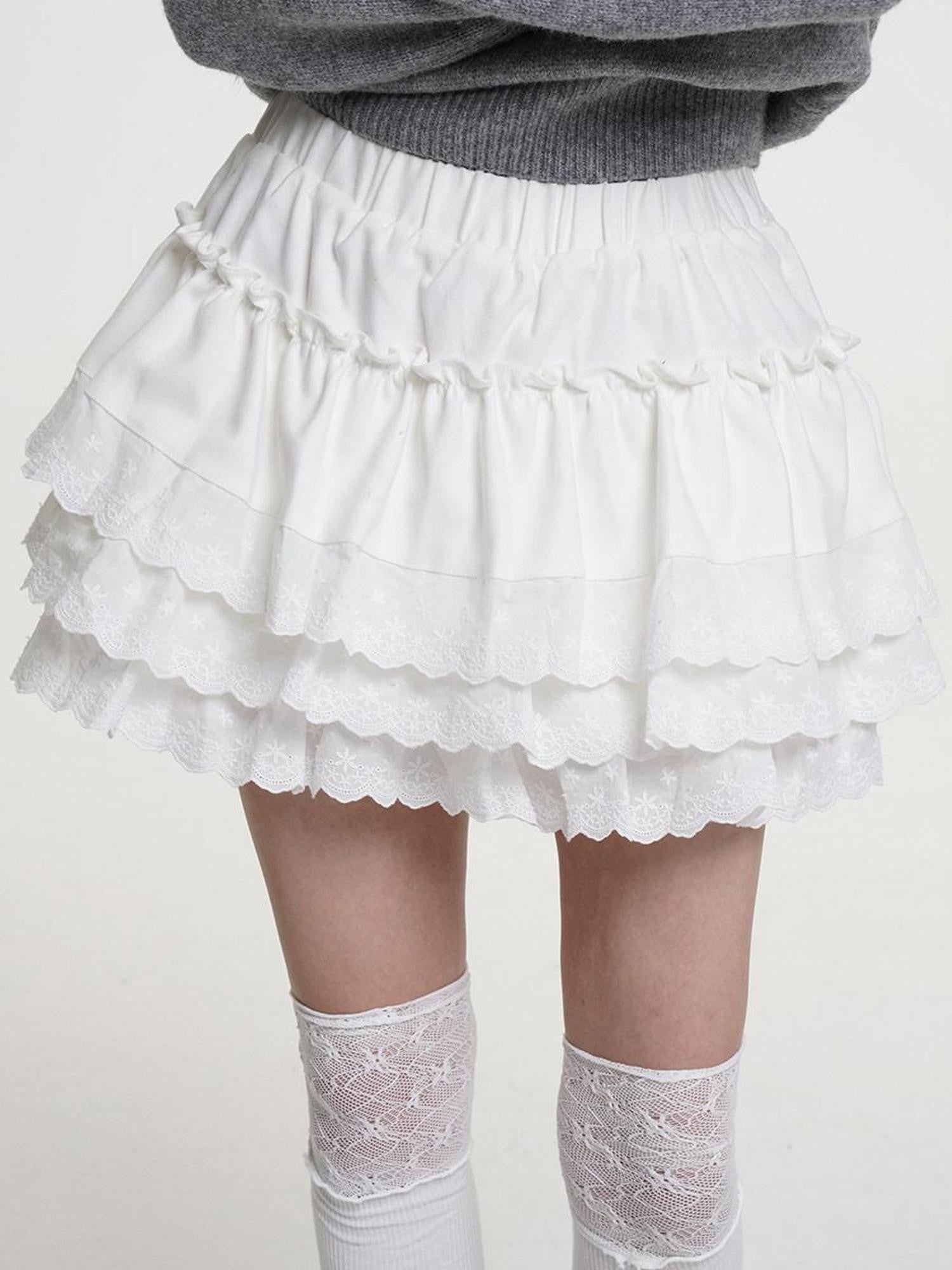 VEEMIX Lace Pleated Puffed Cake Women's Rayon Flouncy Tiered Skirts