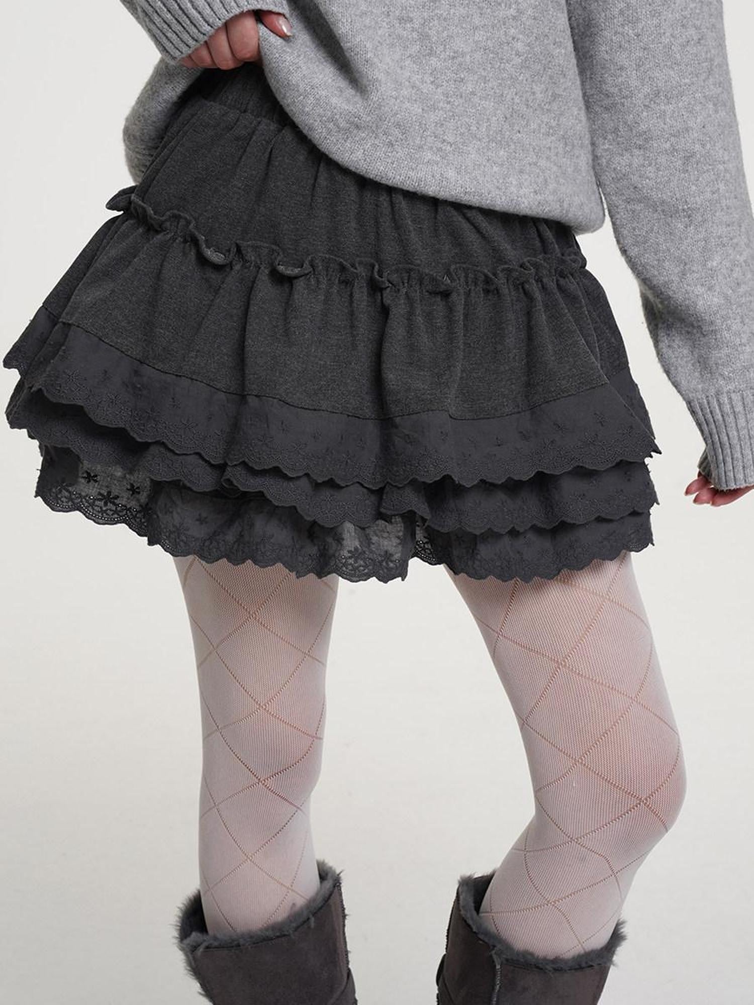 VEEMIX Lace Pleated Puffed Cake Women's Rayon Flouncy Tiered Skirts