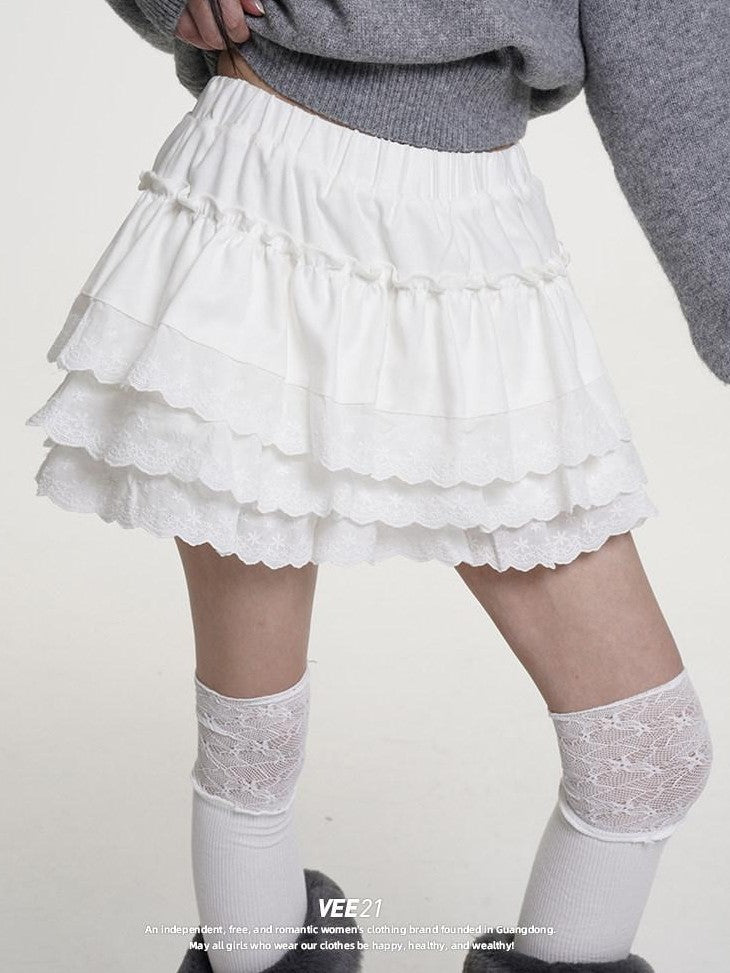 VEEMIX Lace Pleated Puffed Cake Women's Rayon Flouncy Tiered Skirts