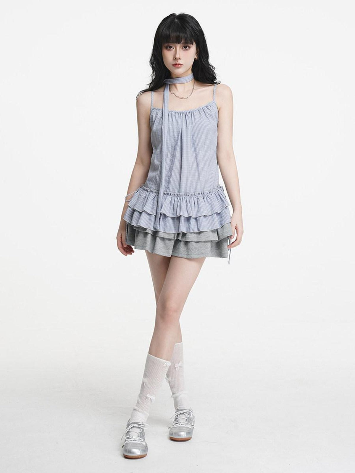 VEEMIX Layered Checked Square Neck Camisole Women's Poly Cotton Button-up Cardigans