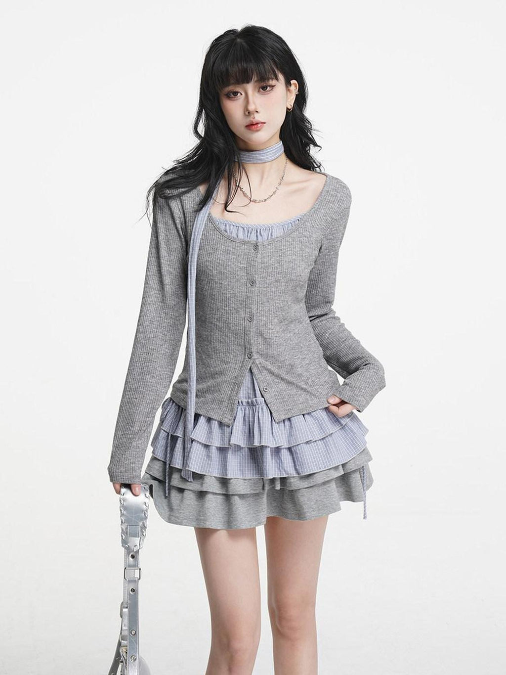 VEEMIX Layered Checked Square Neck Camisole Women's Poly Cotton Button-up Cardigans