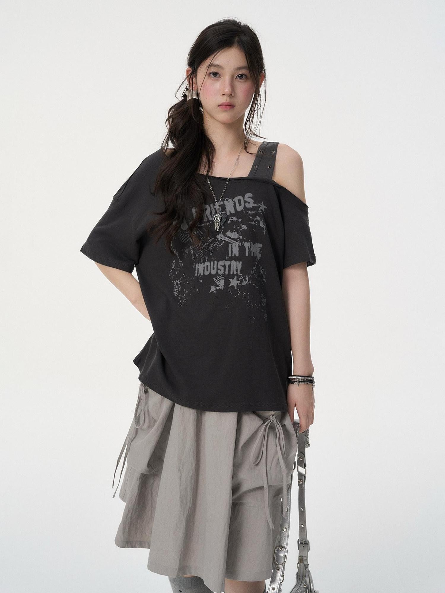 VEEMIX Letter Print Asymmetric Drop Shoulder Women's Lyocell Off-shoulder T-shirts
