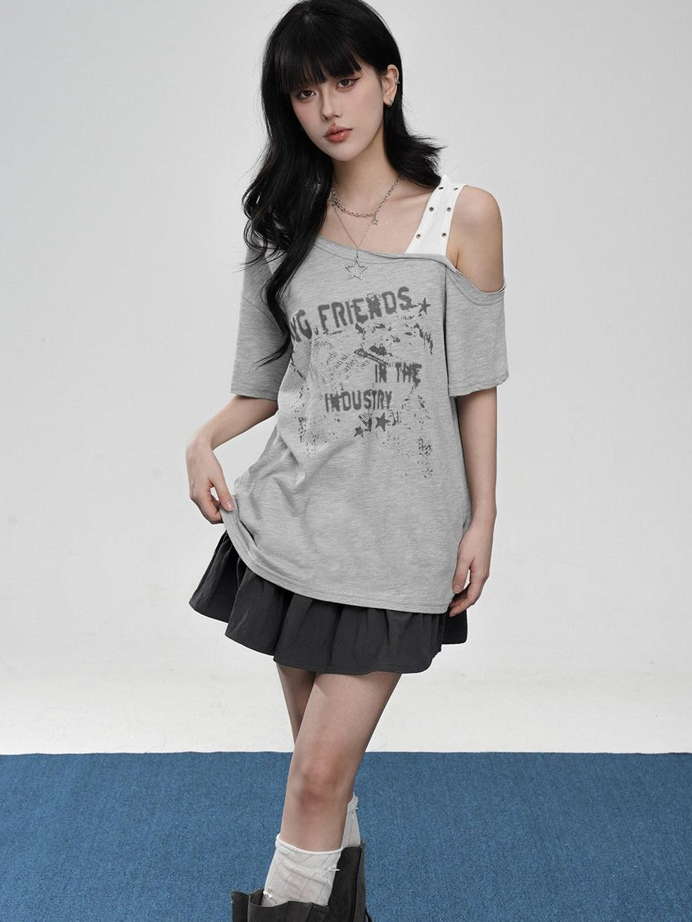 VEEMIX Letter Print Asymmetric Drop Shoulder Women's Lyocell Off-shoulder T-shirts