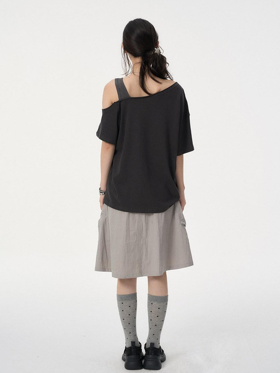 VEEMIX Letter Print Asymmetric Drop Shoulder Women's Lyocell Off-shoulder T-shirts
