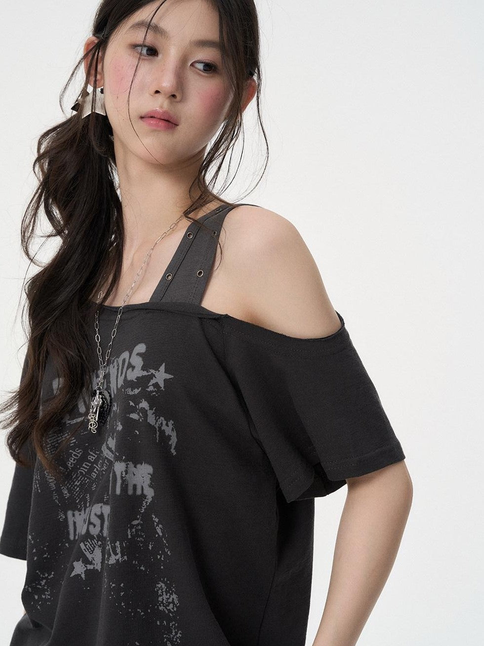 VEEMIX Letter Print Asymmetric Drop Shoulder Women's Lyocell Off-shoulder T-shirts
